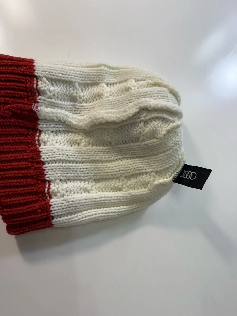 Audi Women's Red and Cream Cable Knit Pom Beanie NWOT